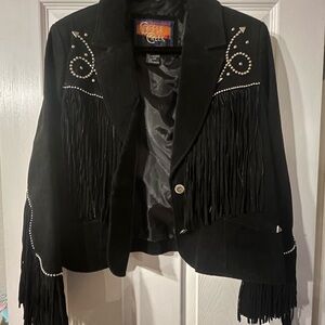 Chic Black Fringe Leather Jacket by Cripple Creek